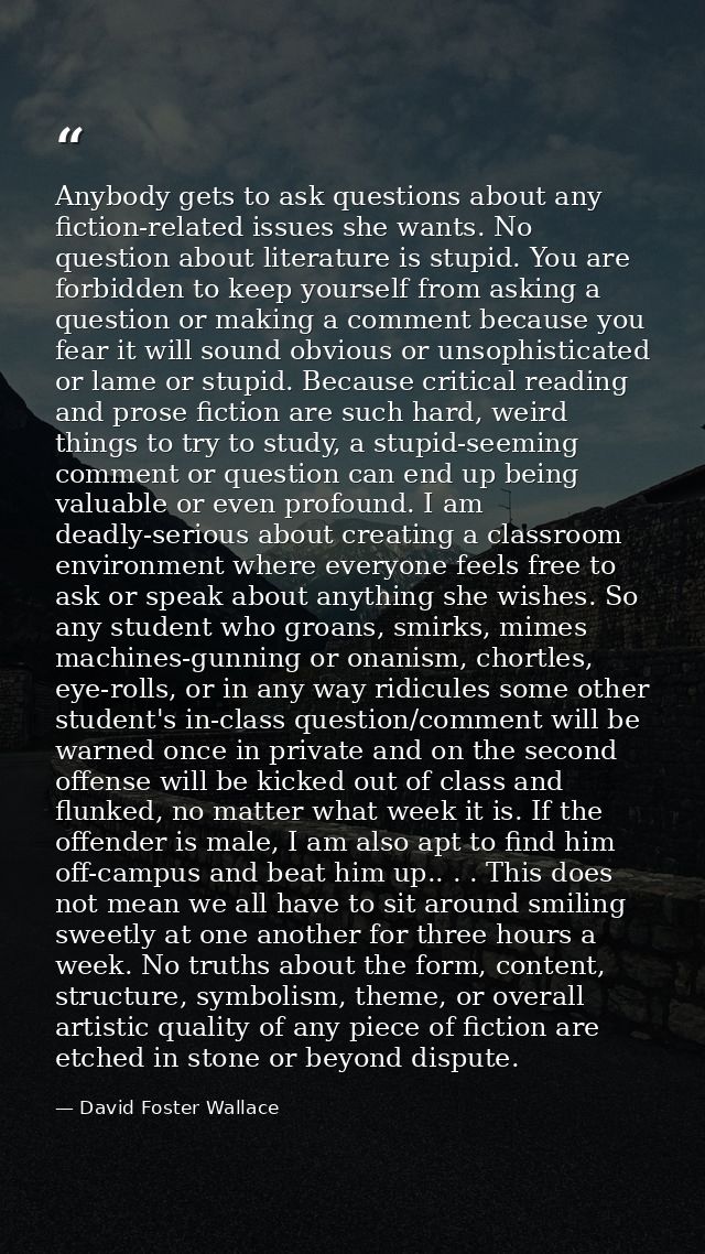 Anybody gets to ask questions about any fiction-related issues she wants. No question about literature is stupid. You ar — David Foster Wallace