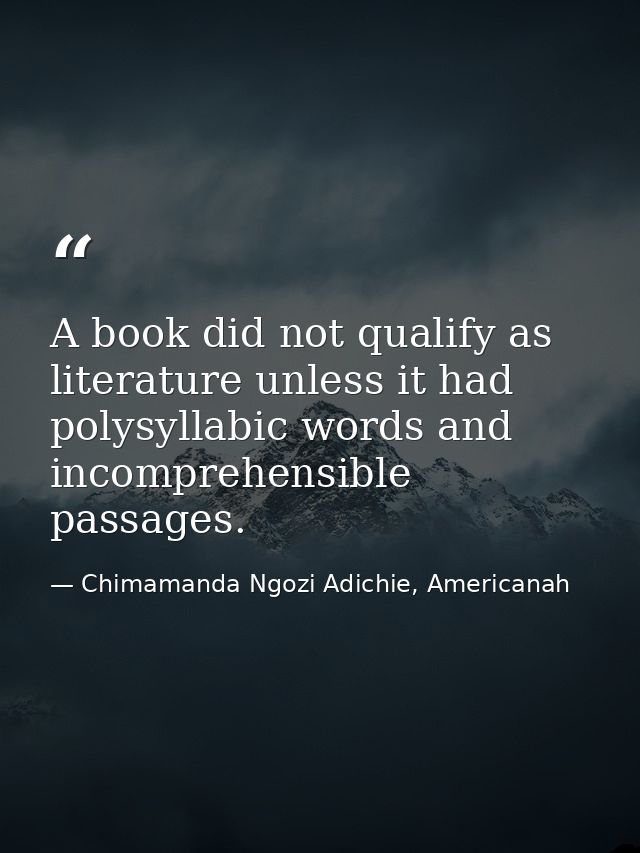 A book did not qualify as literature unless it had polysyllabic words and incomprehensible passages. — Chimamanda Ngozi Adichie, Americanah
