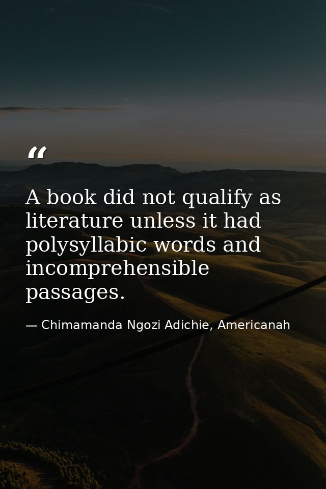 A book did not qualify as literature unless it had polysyllabic words and incomprehensible passages. — Chimamanda Ngozi Adichie, Americanah