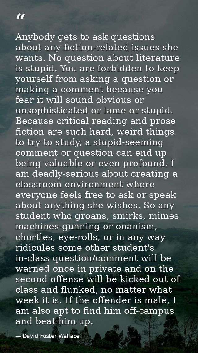 Anybody gets to ask questions about any fiction-related issues she wants. No question about literature is stupid. You ar — David Foster Wallace