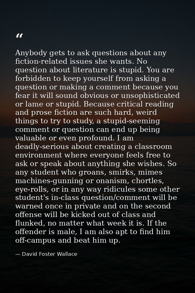 Anybody gets to ask questions about any fiction-related issues she wants. No question about literature is stupid. You ar — David Foster Wallace