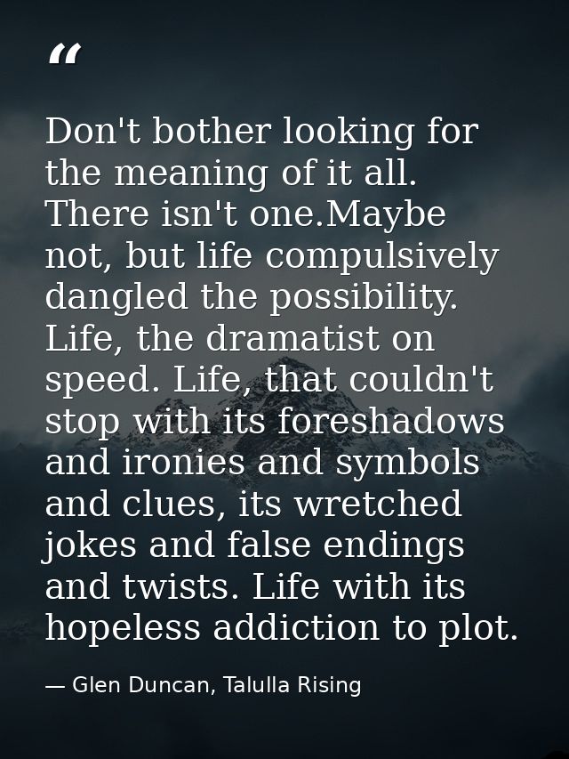 Don't bother looking for the meaning of it all. There isn't one.Maybe not, but life compulsively dangled the possibility — Glen Duncan, Talulla Rising