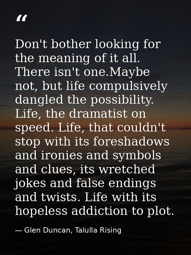 Don't bother looking for the meaning of it all. There isn't one.Maybe not, but life compulsively dangled the possibility — Glen Duncan, Talulla Rising