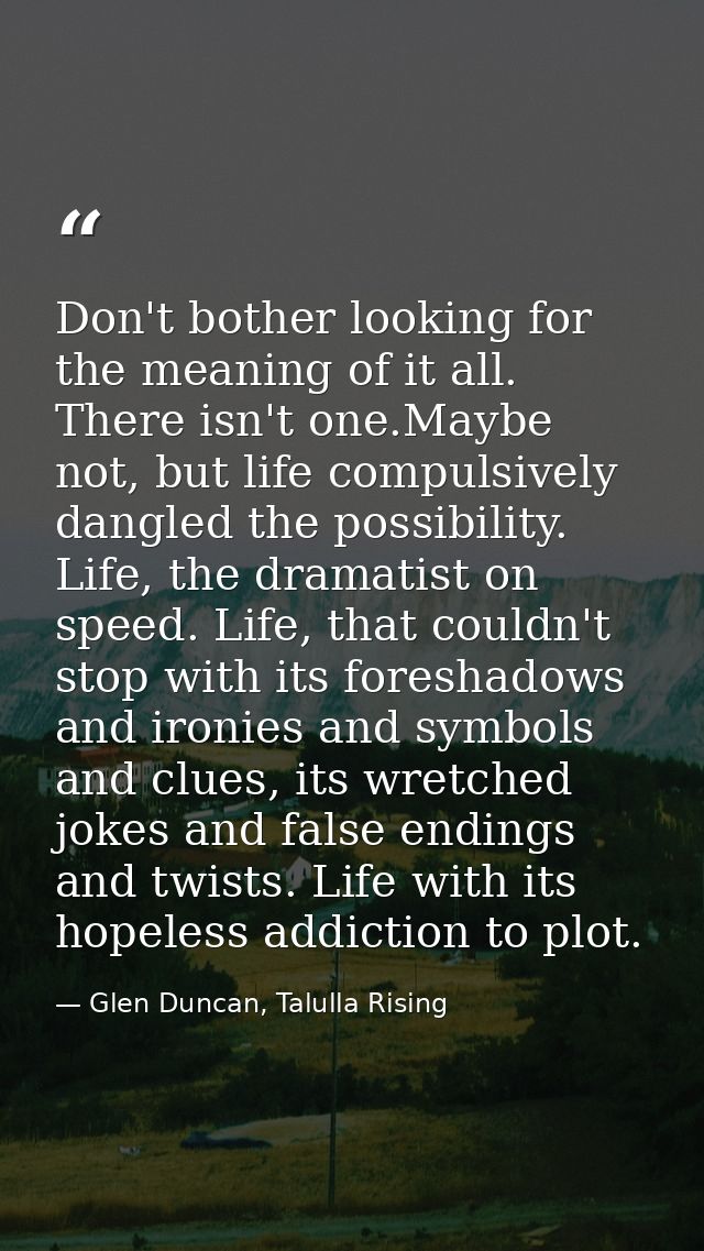 Don't bother looking for the meaning of it all. There isn't one.Maybe not, but life compulsively dangled the possibility — Glen Duncan, Talulla Rising