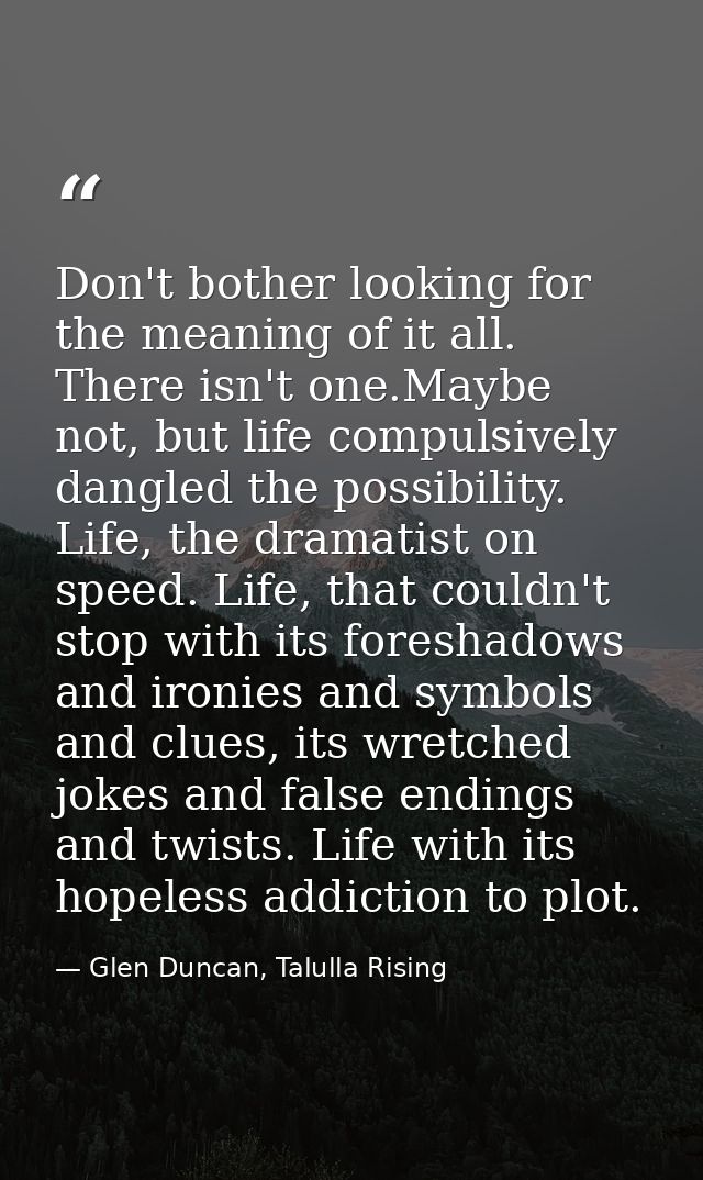 Don't bother looking for the meaning of it all. There isn't one.Maybe not, but life compulsively dangled the possibility — Glen Duncan, Talulla Rising