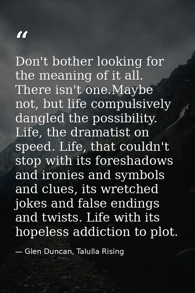 Don't bother looking for the meaning of it all. There isn't one.Maybe not, but life compulsively dangled the possibility — Glen Duncan, Talulla Rising