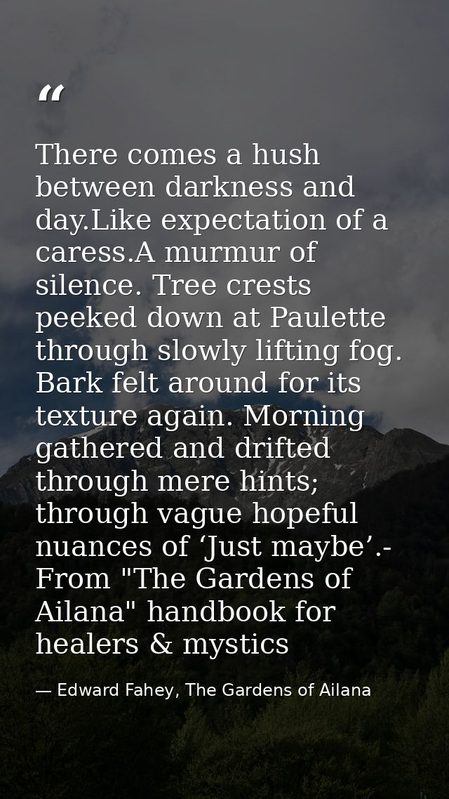 There comes a hush between darkness and day.Like expectation of a caress.A murmur of silence. Tree crests peeked down at — Edward Fahey, The Gardens of Ailana