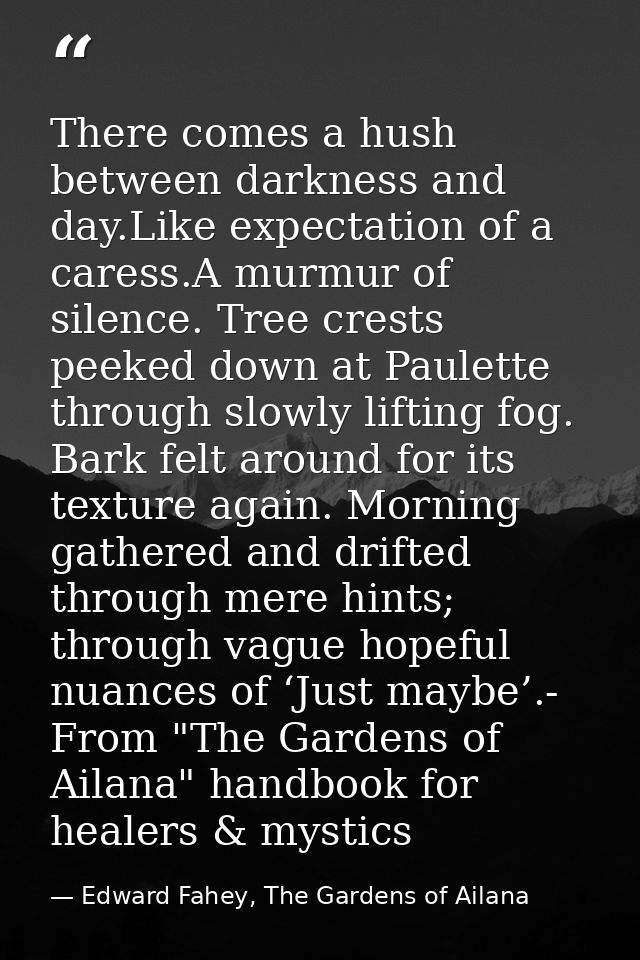 There comes a hush between darkness and day.Like expectation of a caress.A murmur of silence. Tree crests peeked down at — Edward Fahey, The Gardens of Ailana