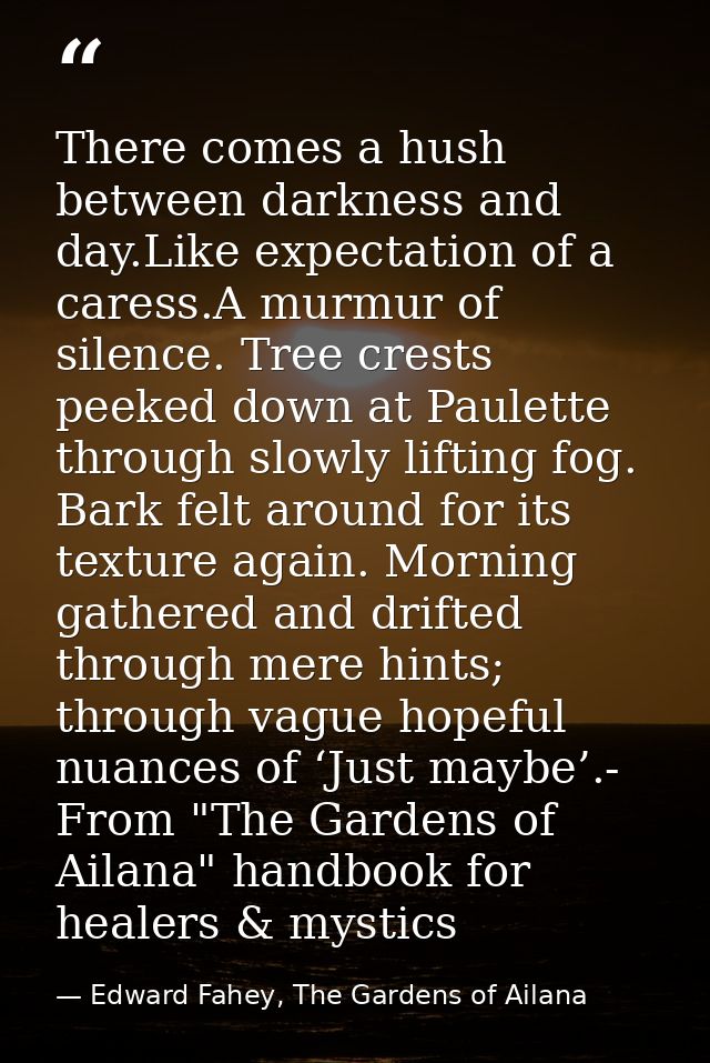 There comes a hush between darkness and day.Like expectation of a caress.A murmur of silence. Tree crests peeked down at — Edward Fahey, The Gardens of Ailana