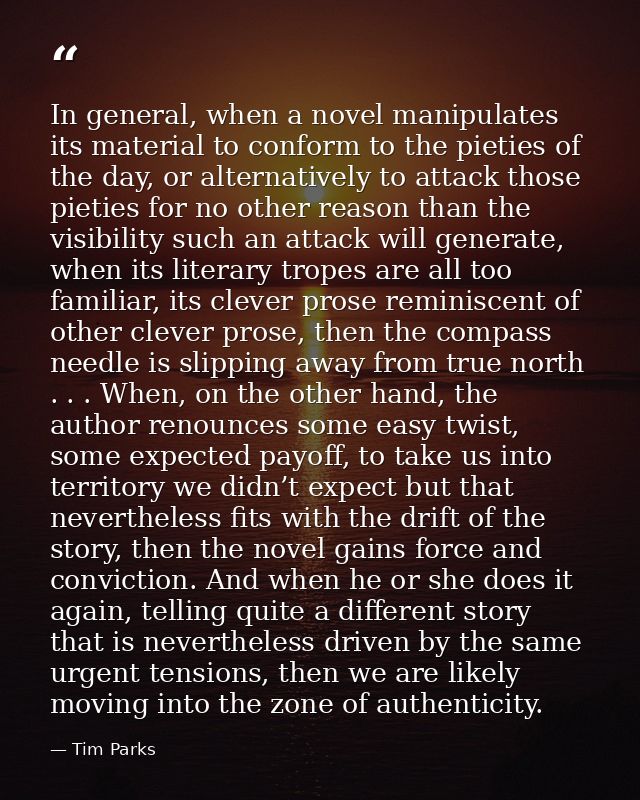 In general, when a novel manipulates its material to conform to the pieties of the day, or alternatively to attack those — Tim Parks