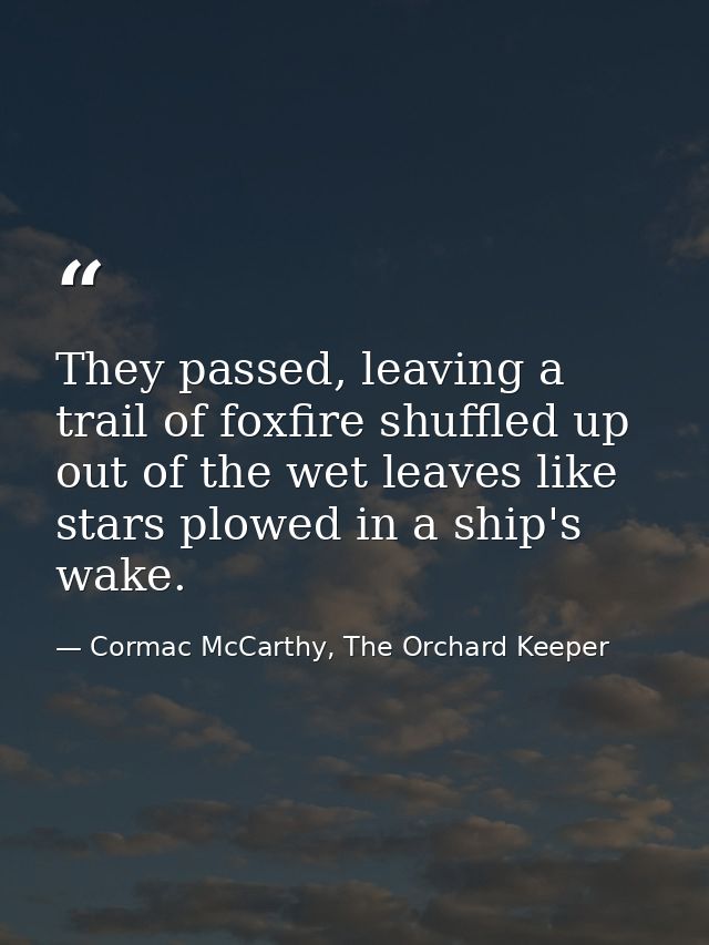 They passed, leaving a trail of foxfire shuffled up out of the wet leaves like stars plowed in a ship's wake. — Cormac McCarthy, The Orchard Keeper