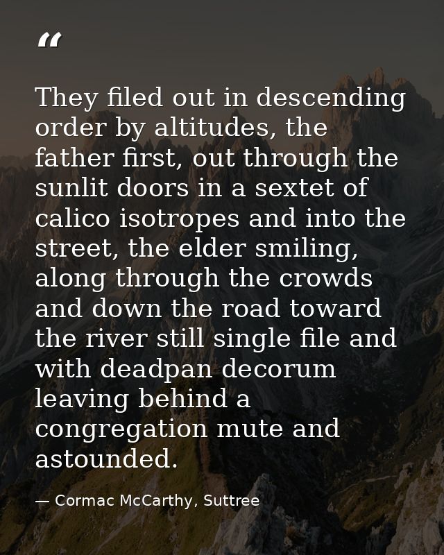 They filed out in descending order by altitudes, the father first, out through the sunlit doors in a sextet of calico is — Cormac McCarthy, Suttree