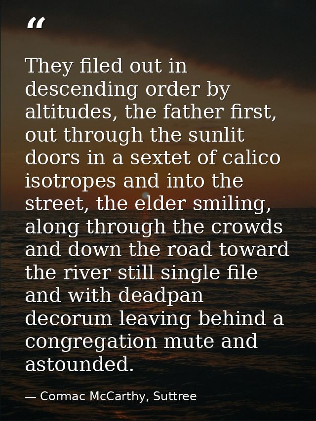 They filed out in descending order by altitudes, the father first, out through the sunlit doors in a sextet of calico is — Cormac McCarthy, Suttree