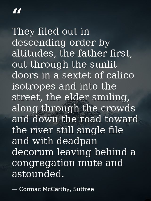 They filed out in descending order by altitudes, the father first, out through the sunlit doors in a sextet of calico is — Cormac McCarthy, Suttree