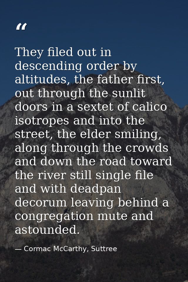 They filed out in descending order by altitudes, the father first, out through the sunlit doors in a sextet of calico is — Cormac McCarthy, Suttree