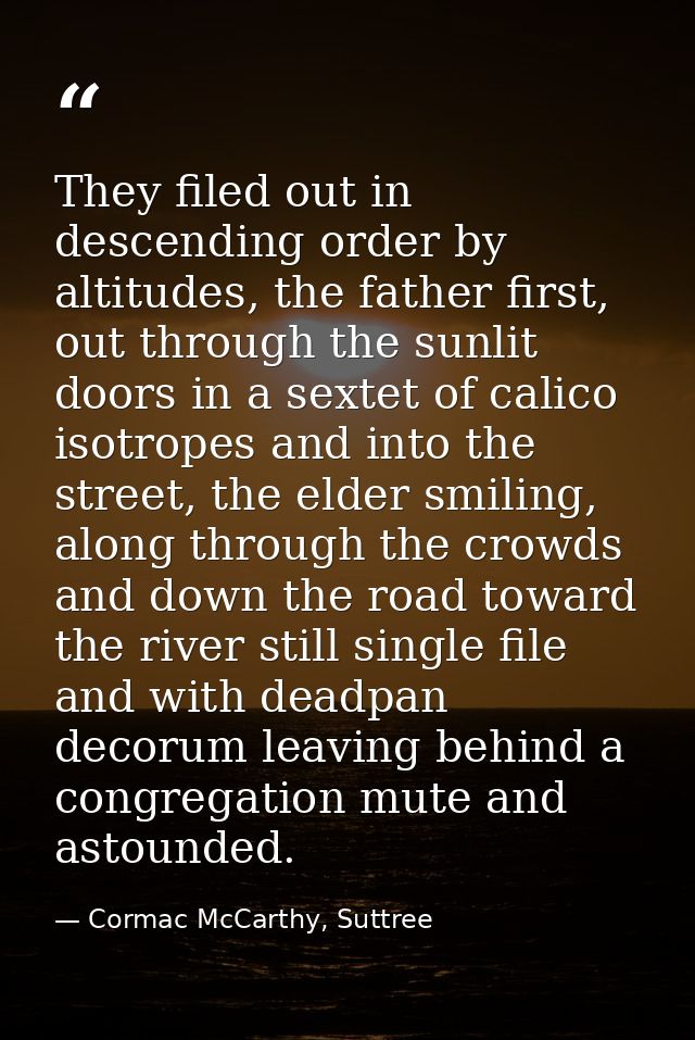 They filed out in descending order by altitudes, the father first, out through the sunlit doors in a sextet of calico is — Cormac McCarthy, Suttree