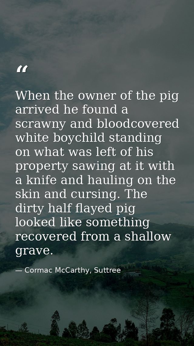 When the owner of the pig arrived he found a scrawny and bloodcovered white boychild standing on what was left of his pr — Cormac McCarthy, Suttree