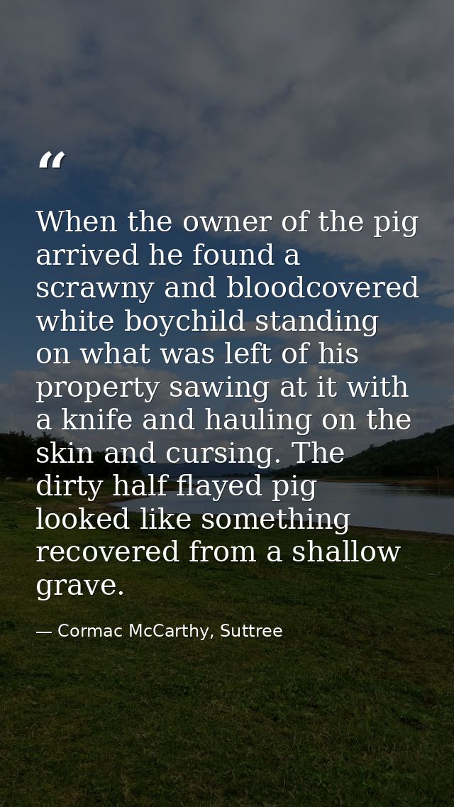 When the owner of the pig arrived he found a scrawny and bloodcovered white boychild standing on what was left of his pr — Cormac McCarthy, Suttree