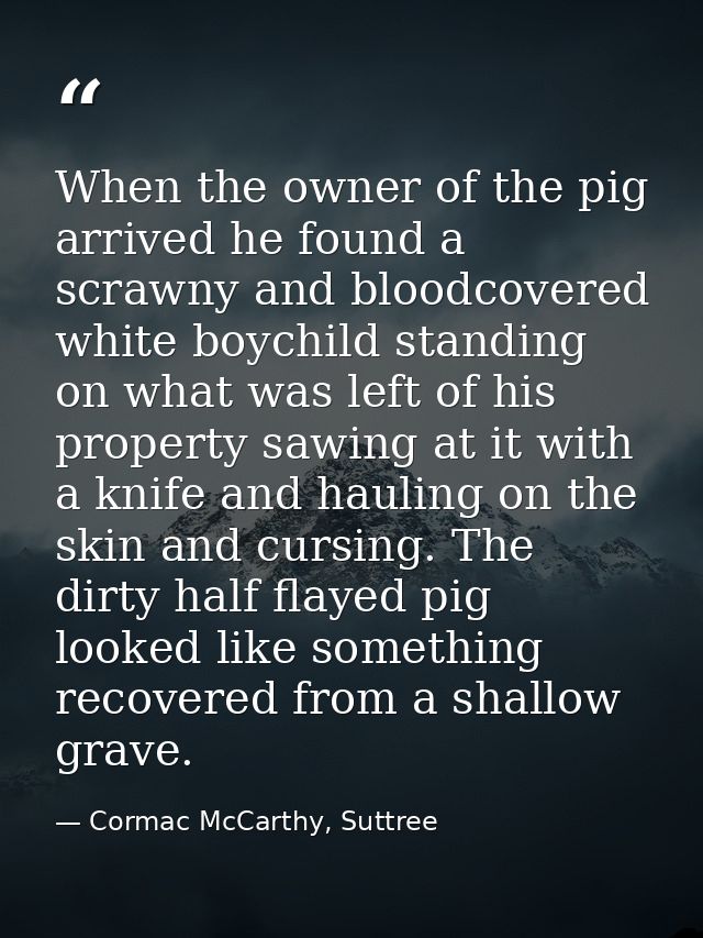 When the owner of the pig arrived he found a scrawny and bloodcovered white boychild standing on what was left of his pr — Cormac McCarthy, Suttree