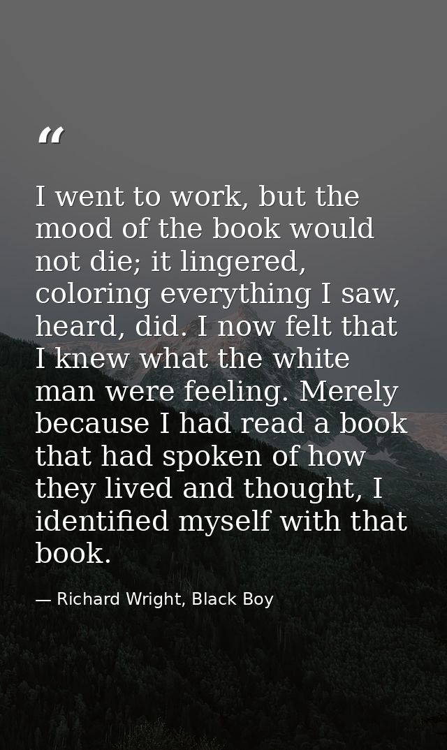 I went to work, but the mood of the book would not die; it lingered, coloring everything I saw, heard, did. I now felt t — Richard Wright, Black Boy