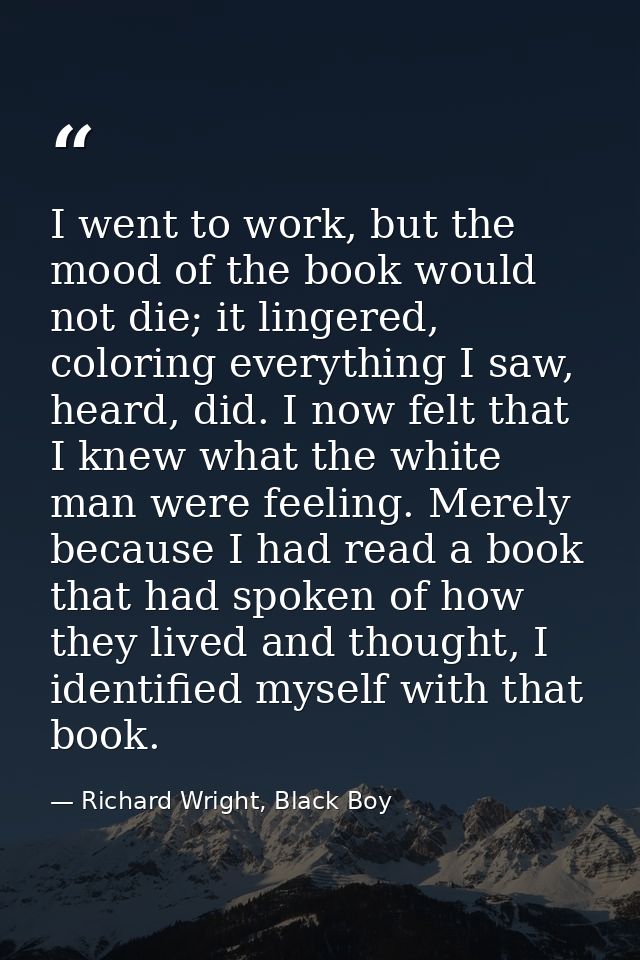 I went to work, but the mood of the book would not die; it lingered, coloring everything I saw, heard, did. I now felt t — Richard Wright, Black Boy