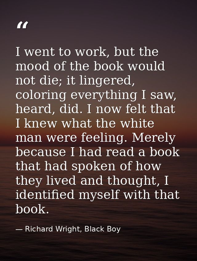 I went to work, but the mood of the book would not die; it lingered, coloring everything I saw, heard, did. I now felt t — Richard Wright, Black Boy