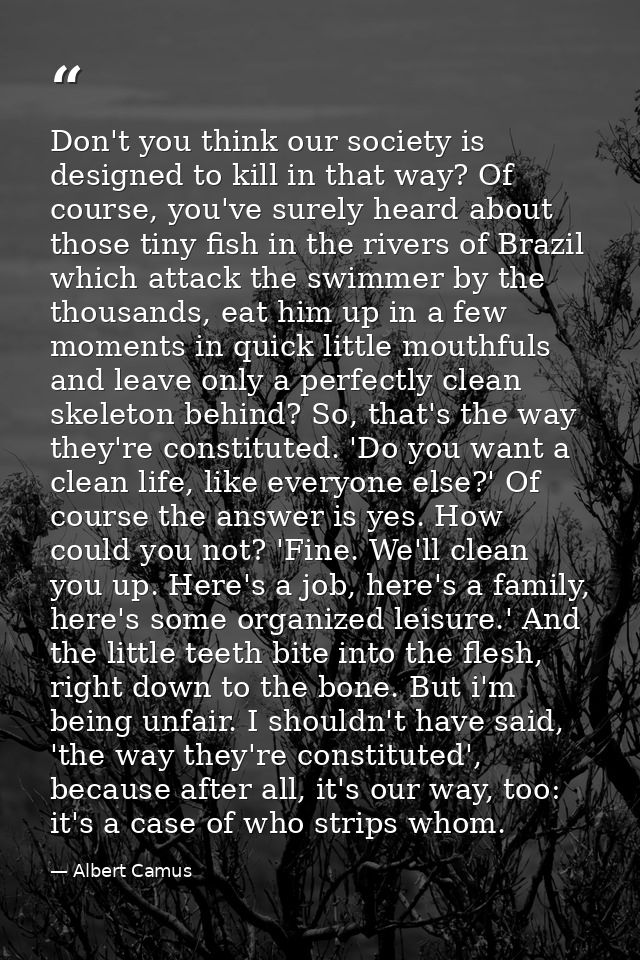 Don't you think our society is designed to kill in that way? Of course, you've surely heard about those tiny fish in the — Albert Camus