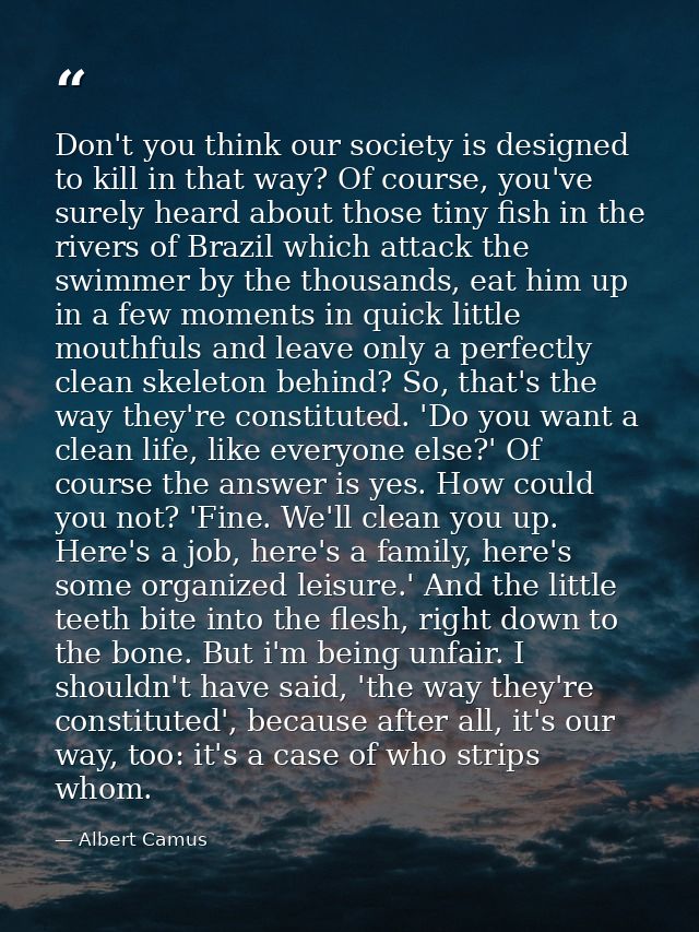 Don't you think our society is designed to kill in that way? Of course, you've surely heard about those tiny fish in the — Albert Camus