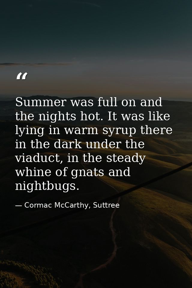 Summer was full on and the nights hot. It was like lying in warm syrup there in the dark under the viaduct, in the stead — Cormac McCarthy, Suttree