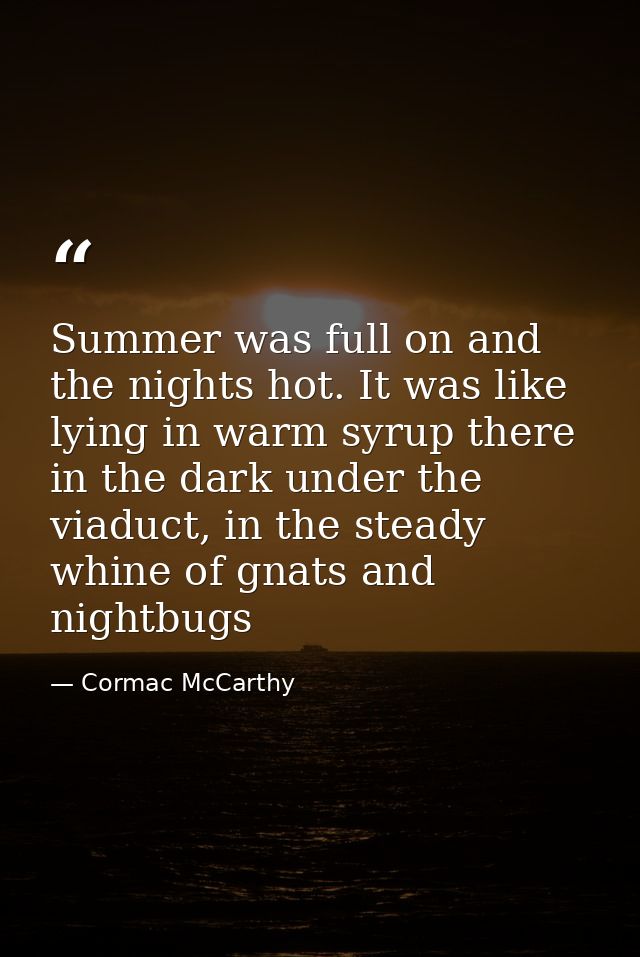 Summer was full on and the nights hot. It was like lying in warm syrup there in the dark under the viaduct, in the stead — Cormac McCarthy