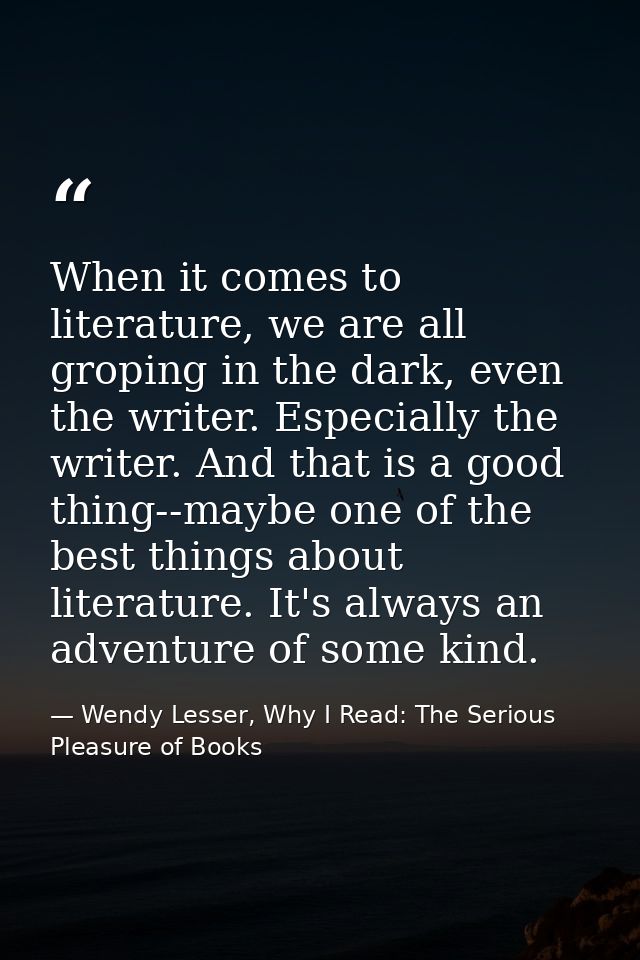 When it comes to literature, we are all groping in the dark, even the writer. Especially the writer. And that is a good  — Wendy Lesser, Why I Read: The Serious Pleasure of Books