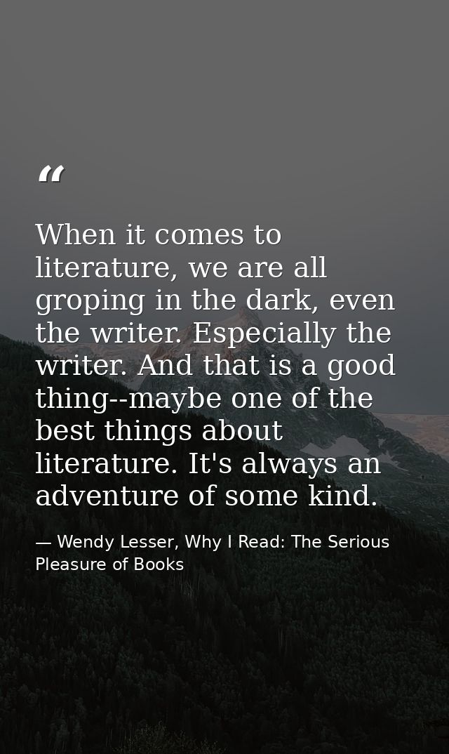 When it comes to literature, we are all groping in the dark, even the writer. Especially the writer. And that is a good  — Wendy Lesser, Why I Read: The Serious Pleasure of Books