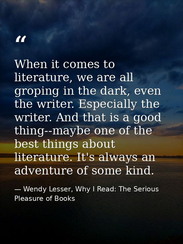 When it comes to literature, we are all groping in the dark, even the writer. Especially the writer. And that is a good  — Wendy Lesser, Why I Read: The Serious Pleasure of Books