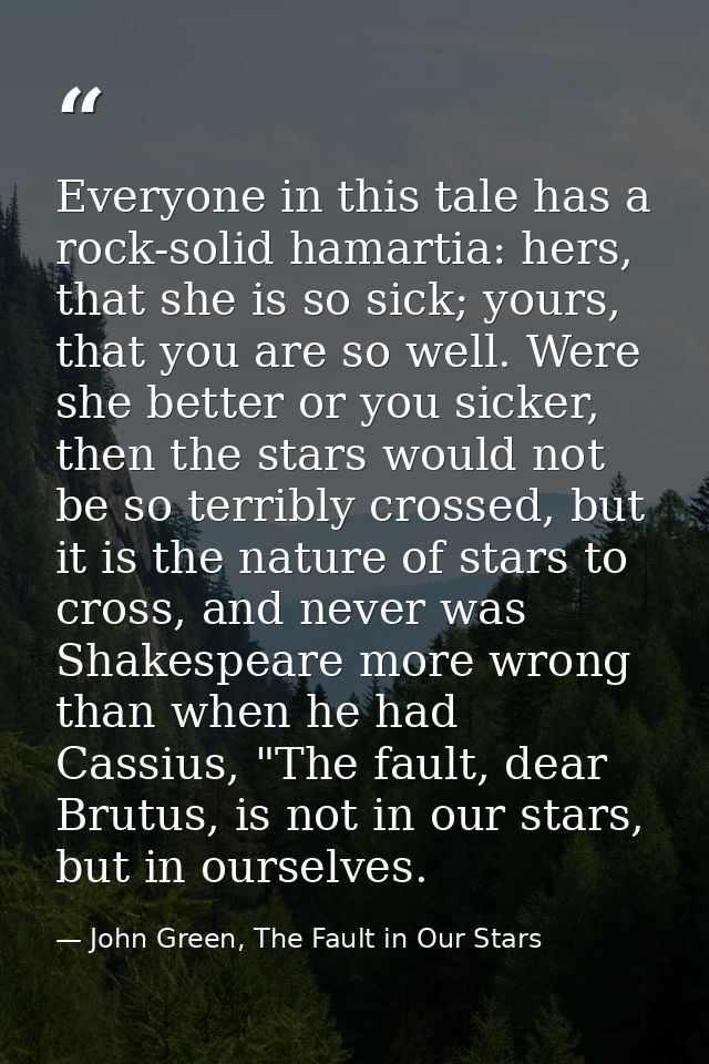 Everyone in this tale has a rock-solid hamartia: hers, that she is so sick; yours, that you are so well. Were she better — John Green, The Fault in Our Stars