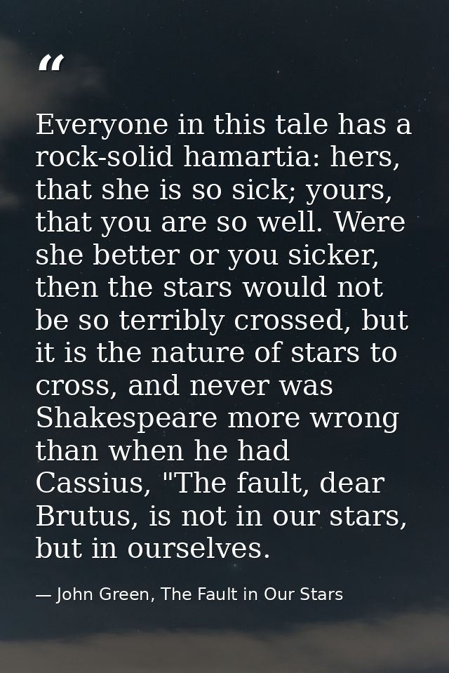 Everyone in this tale has a rock-solid hamartia: hers, that she is so sick; yours, that you are so well. Were she better — John Green, The Fault in Our Stars