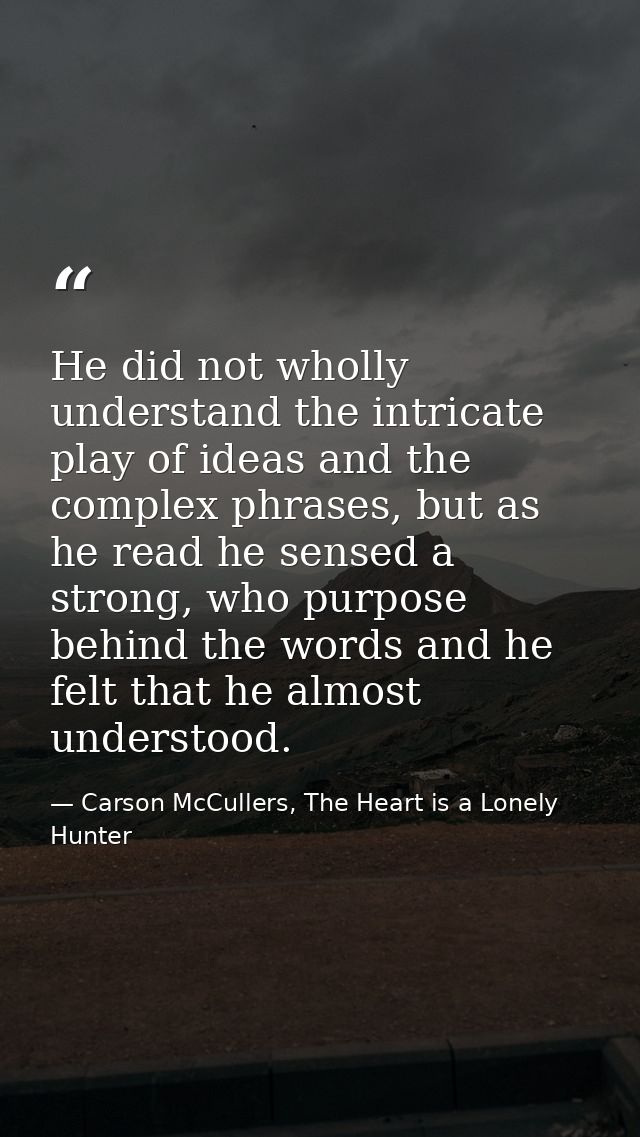 He did not wholly understand the intricate play of ideas and the complex phrases, but as he read he sensed a strong, who — Carson McCullers, The Heart is a Lonely Hunter