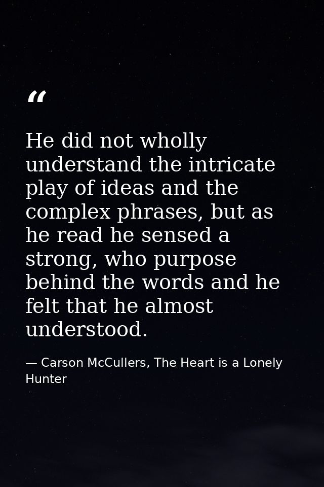He did not wholly understand the intricate play of ideas and the complex phrases, but as he read he sensed a strong, who — Carson McCullers, The Heart is a Lonely Hunter