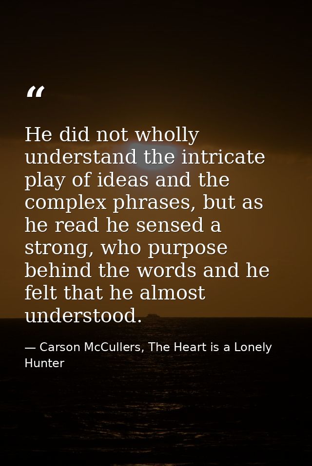 He did not wholly understand the intricate play of ideas and the complex phrases, but as he read he sensed a strong, who — Carson McCullers, The Heart is a Lonely Hunter