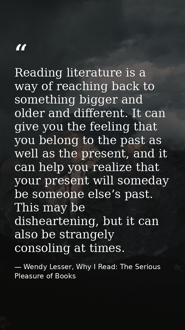 Reading literature is a way of reaching back to something bigger and older and different. It can give you the feeling th — Wendy Lesser, Why I Read: The Serious Pleasure of Books
