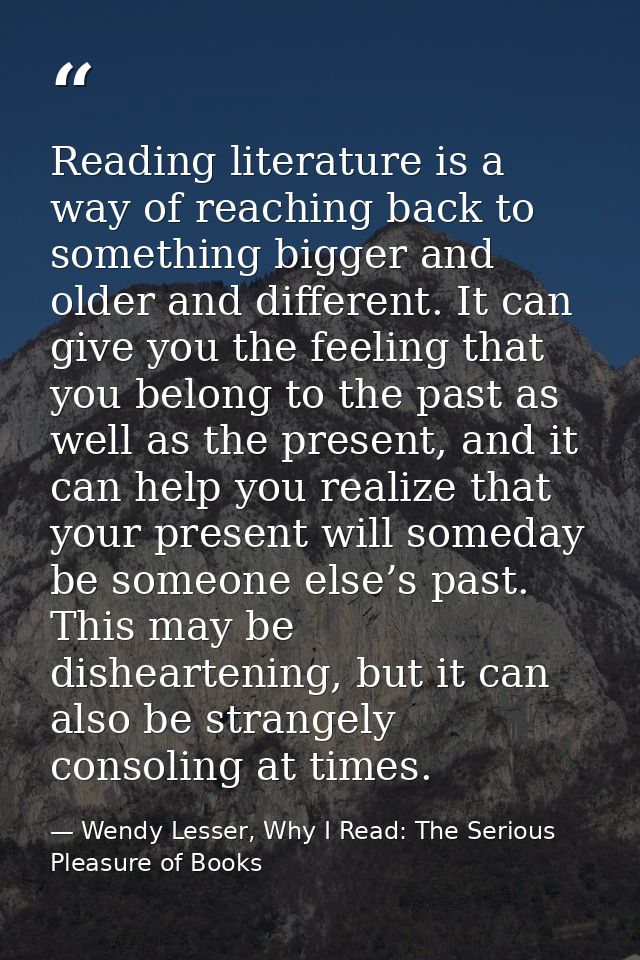 Reading literature is a way of reaching back to something bigger and older and different. It can give you the feeling th — Wendy Lesser, Why I Read: The Serious Pleasure of Books