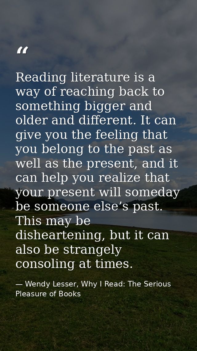 Reading literature is a way of reaching back to something bigger and older and different. It can give you the feeling th — Wendy Lesser, Why I Read: The Serious Pleasure of Books