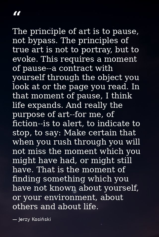 The principle of art is to pause, not bypass. The principles of true art is not to portray, but to evoke. This requires  — Jerzy Kosiński