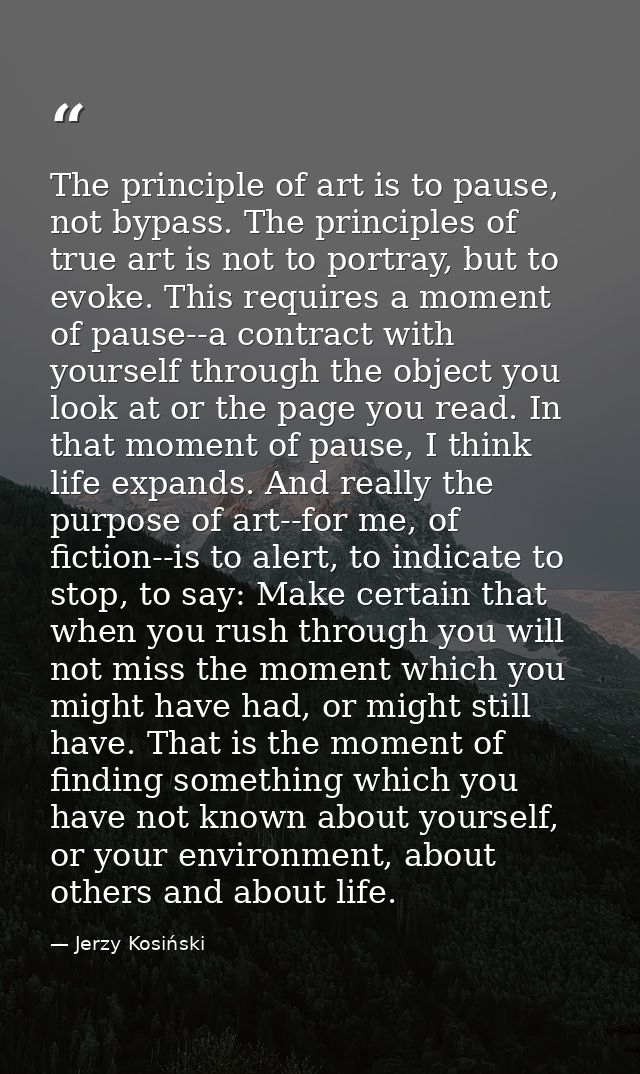 The principle of art is to pause, not bypass. The principles of true art is not to portray, but to evoke. This requires  — Jerzy Kosiński