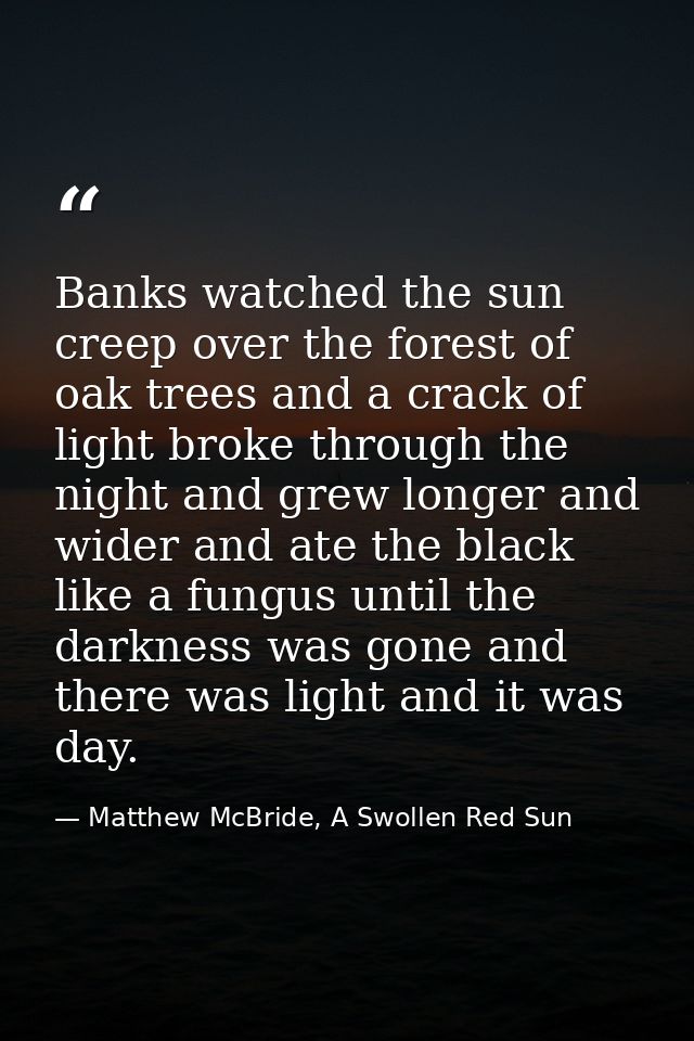 Banks watched the sun creep over the forest of oak trees and a crack of light broke through the night and grew longer an — Matthew McBride, A Swollen Red Sun
