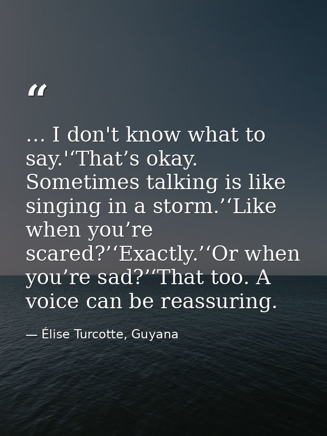 … I don't know what to say.'‘That’s okay. Sometimes talking is like singing in a storm.’‘Like when you’re scared?’‘Exact — Élise Turcotte, Guyana