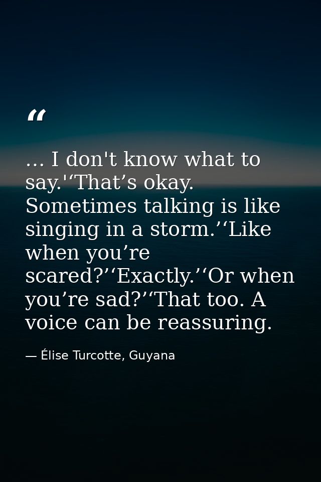 … I don't know what to say.'‘That’s okay. Sometimes talking is like singing in a storm.’‘Like when you’re scared?’‘Exact — Élise Turcotte, Guyana