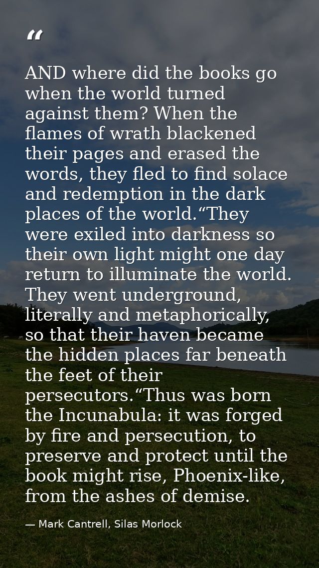 AND where did the books go when the world turned against them? When the flames of wrath blackened their pages and erased — Mark Cantrell, Silas Morlock