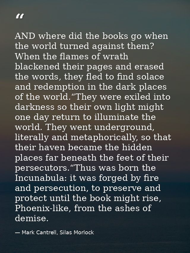 AND where did the books go when the world turned against them? When the flames of wrath blackened their pages and erased — Mark Cantrell, Silas Morlock