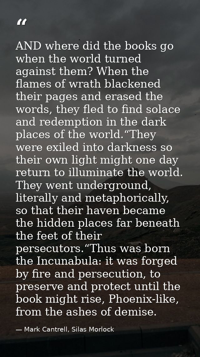 AND where did the books go when the world turned against them? When the flames of wrath blackened their pages and erased — Mark Cantrell, Silas Morlock