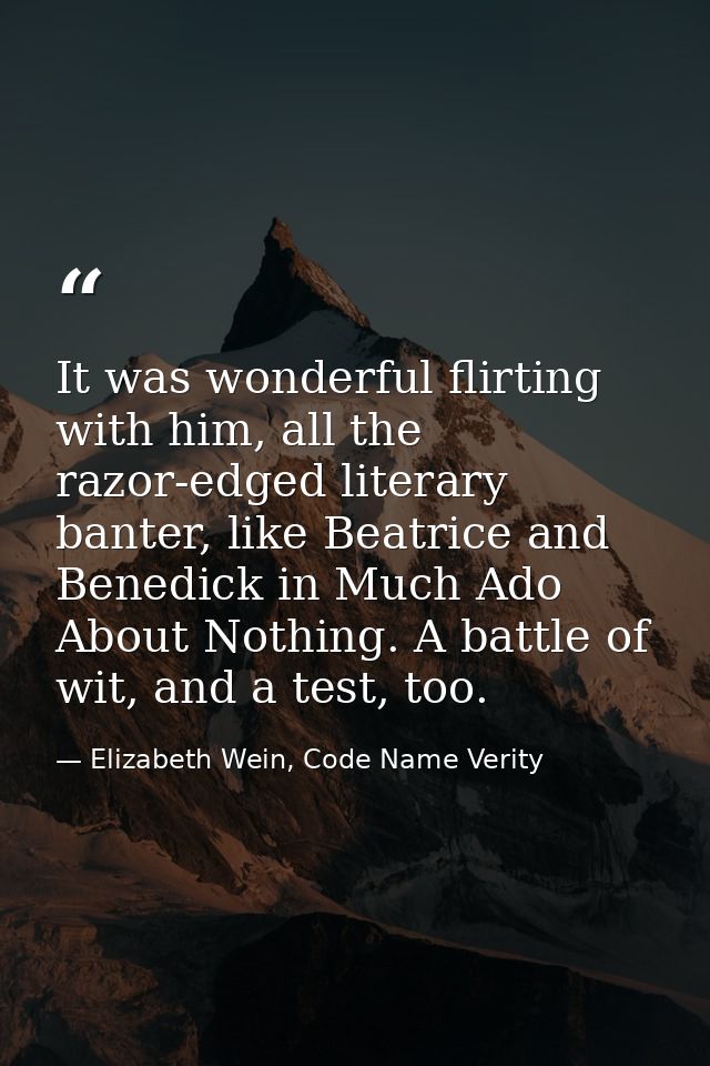 It was wonderful flirting with him, all the razor-edged literary banter, like Beatrice and Benedick in Much Ado About No — Elizabeth Wein, Code Name Verity